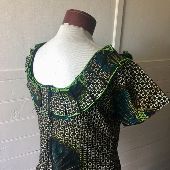 African Wax Print Ruffle Neck Short Sleeve Structured Handmade Blouse - Picture 7 of 9